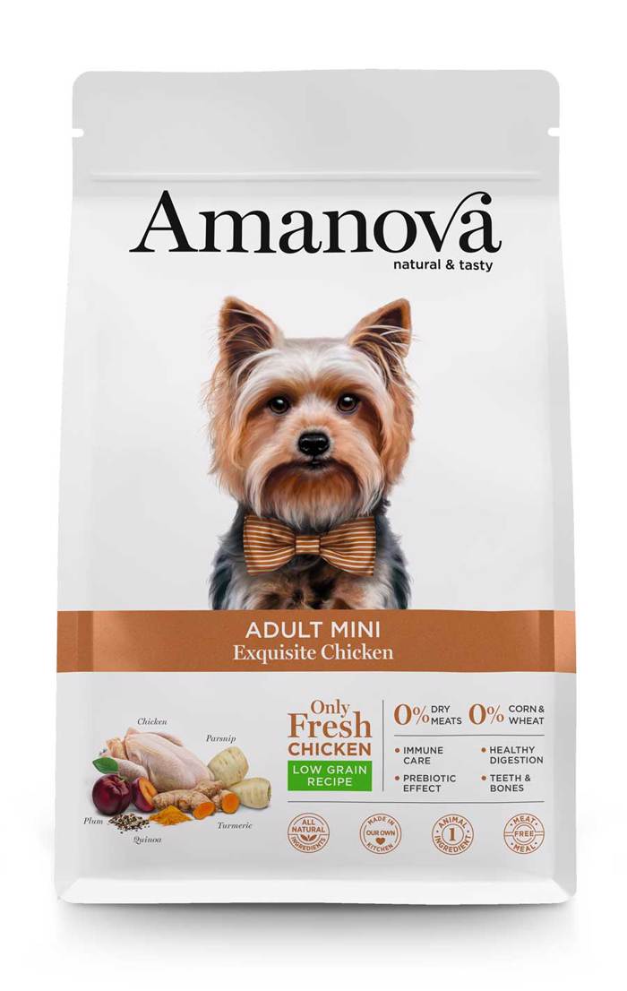 Amanova Adult Mini Exquisite Chicken Low Grain Xira Trofi me Lig Sitira ga Enilikous Skulous Mikrosomon Fulon me Kotopoulo 2kg 